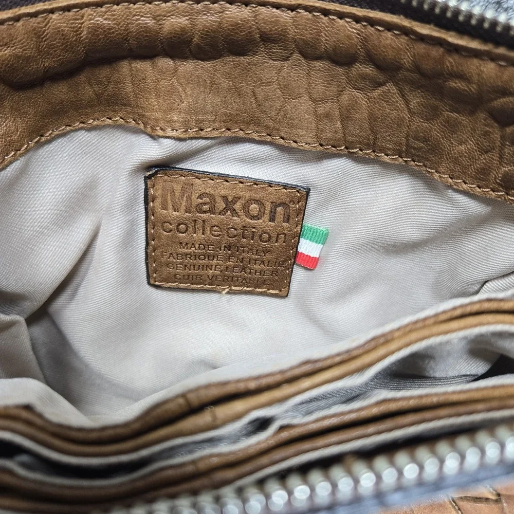 Maxon Collection Italian‎ Leather Woven Crossbody Bag Boho Brown Pockets Vintage